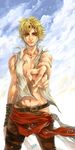  belt blonde_hair cloud day green_eyes highres male_focus open_clothes open_shirt pirate reaching shirt signature sky solo tattoo wind 