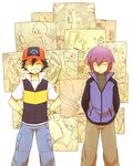  2boys black_hair buizel child chimchar drapion electabuzz electivire elekid fingerless_gloves garchomp gloves hat infernape male male_focus monferno multiple_boys pikachu pokemon pokemon_(anime) purple_hair reiji_(pokemon) satoshi_(pokemon) shinji_(pokemon) smile staraptor torterra turtwig ursaring 