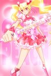  bad_id bad_pixiv_id bare_arms blonde_hair boots bow character_name choker corset cure_peach earrings eyelashes foreshortening fresh_precure! frown hair_ornament hairpin heart heart_hair_ornament highres holding holding_wand jewelry knee_boots kneehighs kojikoji long_hair magical_girl momozono_love peach_rod pink_bow pink_choker pink_footwear precure red_eyes ribbon serious skirt solo sparkle twintails wand 