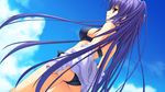  ass bare_shoulders bikini blue_hair cloud day dutch_angle from_behind game_cg highres itsukishishihime_no_mikoto jpeg_artifacts kobuichi long_hair looking_back muririn off_shoulder sky sleeves_past_wrists smile solo swimsuit tenshinranman tenshinranman_happy_go_lucky!! 