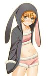  animal_ears animal_hood blonde_hair bunny_ears bunny_hood freckles hood hoodie mattaku_mousuke midriff navel original shorts smile solo 