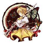  bad_id bad_pixiv_id beret blonde_hair bug butterfly closed_eyes detached_sleeves drill_hair fingerless_gloves gloves gun hat insect magical_musket mahou_shoujo_madoka_magica profile puffy_sleeves rifle shoumu smile solo thorns tomoe_mami weapon witch's_labyrinth 