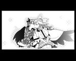  blush bow breasts comic couple greyscale hair_bow hokuto_(scichil) indian_style kaenbyou_rin kiss large_breasts long_hair monochrome multiple_girls reiuji_utsuho short_hair sitting tail tail_hug touhou v_arms wariza wing_hug wings yuri 