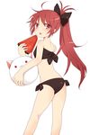  bad_id bad_pixiv_id bikini character_doll doll fang food from_behind fruit highres holding holding_food holding_fruit ichihashi kyubey looking_back mahou_shoujo_madoka_magica no_nose ponytail red_eyes red_hair sakura_kyouko simple_background solo swimsuit watermelon 