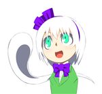  aqua_eyes bangs bow bowtie buttons d@i dress_shirt green_vest hair_between_eyes hairband konpaku_youmu konpaku_youmu_(ghost) looking_up lowres portrait purple_bow purple_hairband purple_neckwear purple_ribbon ribbon shirt short_hair silver_hair simple_background solo tongue touhou upper_body vest white_background white_shirt 