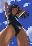  aragaki_ayase armpits arms_up cloud day foreshortening from_below hand_in_hair long_hair muted_color one-piece_swimsuit open_mouth ore_no_imouto_ga_konna_ni_kawaii_wake_ga_nai purple_hair shisei_ichishiki sky solo swimsuit 