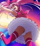  ^_^ armpits boots bow closed_eyes cure_melody from_below haruyama_kazunori houjou_hibiki jumping magical_girl panties pink_bow pink_hair pink_legwear precure solo suite_precure thighhighs twintails underwear 