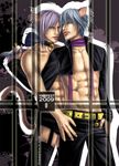  2boys abs animal_ears bell cat_ears cat_tail catboy chest collar male male_focus multiple_boys muscle pecs tail yaoi 