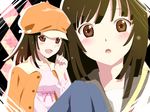  bakemonogatari blush brown_eyes brown_hair cabbie_hat hat jacket jacket_on_shoulders monogatari_(series) sayaka_(ponkichi) sengoku_nadeko short_hair 