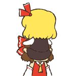  ascot batta_(ijigen_debris) blonde_hair bow brown_hair detached_sleeves dress face_hug hair_bow hair_ribbon hakurei_reimu multiple_girls ribbon rumia short_hair touhou 