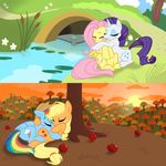  apple applejack_(mlp) blonde_hair blue blush c4tspajamas cowboy_hat cuddle cute equine female flower fluttershy_(mlp) friendship_is_magic fruit hair hat horse kissing lilypad my_little_pony orchard outside pier pink_hair pond pony purple_hair rainbow_dash_(mlp) rainbow_hair rarity_(mlp) seaside sleeping tree white yellow 