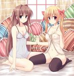  2girls barefoot black_legwear black_thighhighs blonde_hair blush breasts brown_hair hand_holding multiple_girls navel nightgown nightie nipples no_panties no_pants open_mouth original red_eyes see-through sitting thighhighs twintails 