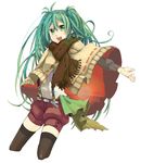  belt green_eyes green_hair hatsune_miku highres long_hair open_mouth outstretched_arm scarf shorts simple_background solo suspenders thighhighs vocaloid yuhki_k 