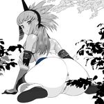  anus arm_support ass back bandeau bangs bare_shoulders blush boots bottomless breasts censored detached_sleeves embarrassed from_behind fur_trim greyscale hairband horn huge_ass kirin_(armor) kneehighs large_breasts leaf leaning_forward leg_warmers long_hair looking_back monochrome monster_hunter mosaic_censoring munashi_mujou nature nipples outdoors pussy shirt_lift sitting solo spiked_hair strap thigh_boots thighhighs wariza 