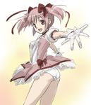  :d dress gloves hair_ribbon kaname_madoka magical_girl mahou_shoujo_madoka_magica open_mouth outstretched_hand panties pink_hair ribbon short_twintails smile solo twintails underwear white_panties you2 