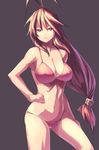 antenna_hair bikini breasts brown_hair cleavage hand_on_hip large_breasts long_hair original saiste simple_background sketch smile solo swimsuit 