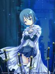  1girl blue blue_eyes blue_hair building cape clothes_grab gloves magical_girl mahou_shoujo_madoka_magica miki_sayaka night sad short_hair solo sword thighhighs weapon white_gloves white_legwear 