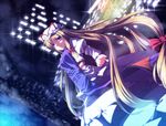  blonde_hair bow building city dress hair_bow hat hat_ribbon long_hair night purple_eyes ribbon ryosios skyscraper solo tabard touhou trigram very_long_hair yakumo_yukari 