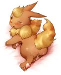  blush butt cum eeveelution flareon fur higashi_minatsu hindpaw looking_at_viewer looking_back lying nintendo one_eye_closed open_mouth pawpads paws pixiv plain_background pok&#233;mon pok&eacute;mon raised_tail red_fur solo tail tan_fur tears video_games white_background wide_hips 
