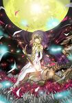  bare_shoulders black_wings blonde_hair detached_sleeves dress fantasy flower full_moon hair_ornament highres midriff moon mupa navel open_clothes open_dress petals pink_eyes pixiv_fantasia pixiv_fantasia_5 short_hair sitting solo thighhighs veil weapon white_legwear wings 