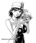  antenna_hair apron bandana bowl breasts cleavage collarbone food ge_xi greyscale huge_breasts monochrome naked_apron original short_hair simple_background smile solo watermark web_address 