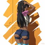  akiyama_mio ass big_ass breasts dark_skin female highres huge_ass k-on! large_breasts long_hair looking_back midriff shorts solo striped striped_legwear striped_thighhighs suna thighhighs torn_clothes 