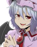  bad_id bad_pixiv_id bat_wings blue_hair close-up fang hat jewelry nicutoka red_eyes remilia_scarlet simple_background smile solo touhou wings 