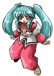  90s ayako_(ginga_ojou-sama_densetsu_yuna) bad_id bad_pixiv_id full_body ginga_ojou-sama_densetsu_yuna green_hair long_hair looking_at_viewer okuri_ookami open_mouth pants pointy_ears red_eyes shoes sidelocks simple_background smile solo twintails white_background 