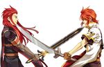  ahoge asch bare_arms battle belt blue_eyes coat duel frown gloves left-handed long_hair luke_fon_fabre male_focus miho_(mi) multiple_boys red_hair sidelocks simple_background surcoat sword symmetry tales_of_(series) tales_of_the_abyss weapon white_background 
