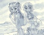  2girls ayanami_rei ball beach beachball midriff monochrome multiple_girls neon_genesis_evangelion soryu_asuka_langley souryuu_asuka_langley swimsuit 
