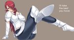  arm_support armor blush breasts cosplay crossed_legs darabuchi el_shaddai english enoch enoch_(cosplay) foreshortening hair_over_one_eye kirijou_mitsuru large_breasts legs long_hair persona persona_3 red_eyes red_hair simple_background sitting solo 