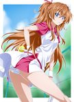  arched_back ass ball blue_eyes brown_hair eyelashes fence frilled_panties frills houjou_hibiki long_hair nakahira_guy panties precure skirt skirt_lift solo suite_precure tennis_ball two_side_up underwear wind wind_lift wristband 