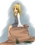  bad_id bad_pixiv_id blonde_hair frog hair_ornament hair_ribbon hat hat_removed headwear_removed highres kuwa_(katko) long_hair moriya_suwako oversized_object pyonta ribbon sitting snake solo touhou yellow_eyes 