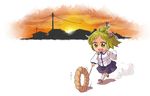  abekawa bandaid bandaid_on_knee chibi detached_sleeves doughnut food french_cruller green_eyes green_hair hair_ornament happy jewelry kochiya_sanae laughing open_mouth playing ring skirt smile solo sunset touhou white_background younger 