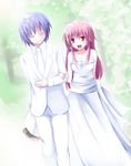  1girl angel_beats! bad_id bad_pixiv_id blue_hair bouquet closed_eyes couple dress flower formal good_end hetero highres hinata_(angel_beats!) long_hair okome_(minagisama) pink_hair red_eyes spoilers suit wedding_dress yui_(angel_beats!) 