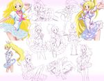  blonde_hair blush bow breasts choker cure_rhythm dress frown green_eyes highres long_hair magical_girl makacoon medium_breasts minamino_kanade multiple_views open_mouth pink_choker ponytail pose precure smile suite_precure very_long_hair wrist_cuffs 