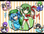  alternate_costume bad_id bad_pixiv_id chibi chikuwa cucumber food front_ponytail gym_uniform highres hijiri_byakuren inaba_tewi kagiyama_hina kawashiro_nitori kochiya_sanae m-1_grand_prix multiple_girls murasa_minamitsu nosada reisen_udongein_inaba touhou two_side_up 