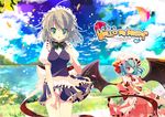  aqua_eyes aqua_hair bat_wings cover cover_page hair_ornament hat izayoi_sakuya lake leaf maid maid_headdress multiple_girls panties pantyshot red_eyes remilia_scarlet shiwasu_horio short_hair silver_hair star touhou umbrella underwear white_panties wind wind_lift wings 