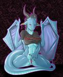  bad_dragon blue blush bottomless claws clitoris dragon ear_piercing earring exposed female fingering half-closed_eyes horns janine_(bad_dragon) kneeling masturbation muscles narse open_mouth piercing pleasure pussy reptile scalie shirt skimpy solo spread_pussy spreading tail wings yellow_eyes 