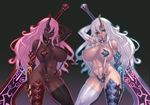  2girls dark_skin demon glow heterochromia huge_breasts pink_hair sling_bikini sword useless_armor white_hair 