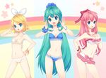  :d absurdres alternate_hairstyle aqua_eyes aqua_hair bad_id bad_pixiv_id bandeau bikini bittersweet_(dalcoms) blonde_hair bracelet earrings hair_ribbon hand_on_hip hand_on_own_chest hatsune_miku highres jewelry kagamine_rin long_hair megurine_luka multiple_girls navel open_mouth pink_hair polka_dot project_diva project_diva_(series) project_diva_2nd rainbow ribbon smile swimsuit swimwear_(module) swimwear_b_(module) swimwear_p_(module) v very_long_hair vocaloid 