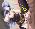  1girl 64_(xfour) against_wall bad_id bad_pixiv_id blue_hair blush breasts gloves hetero highres large_breasts medallion open_mouth penis pussy red_eyes selvaria_bles senjou_no_valkyria sex solo_focus sweat thighhighs 