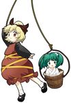  :3 asyura7 blonde_hair blush bow brown_eyes bucket child green_eyes green_hair hair_bobbles hair_bow hair_ornament in_bucket in_container kisume kurodani_yamame multiple_girls open_mouth short_hair smile touhou twintails wooden_bucket 
