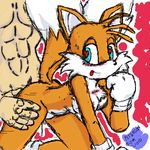 &hearts; all_fours anthro blue_eyes blush breasts canine chest_tuft cum female fox from_behind giftart gloves human interspecies kitsune male multiple_tails orange peterson sonic_(series) straight tail tailsko 