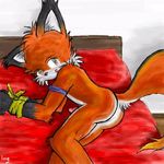  armband bdsm bed blush bondage canine cub cuffs fox log_(artist) looking_at_viewer male on_side penis solo tail 