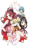  akemi_homura black_hair blonde_hair blue_hair blush closed_eyes flower kaname_madoka kurot kyubey lily_(flower) magical_girl mahou_shoujo_madoka_magica miki_sayaka multiple_girls pink_hair ponytail red_flower red_hair red_rose rose sakura_kyouko shoe_ribbon shoes simple_background smile tomoe_mami 