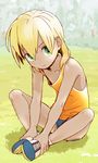  blonde_hair full_body green_eyes inazuma_eleven inazuma_eleven_(series) kuro_(nao_krd) long_hair male_focus miyasaka_ryou otoko_no_ko shorts smile solo tan 