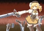  beret blonde_hair detached_sleeves drill_hair field_of_blades gun hair_ornament hairpin hat long_hair magical_girl magical_musket mahou_shoujo_madoka_magica ornate planted_weapon pleated_skirt puffy_sleeves ribbon rifle skirt solo striped striped_legwear tamute_(2580rs) thighhighs tomoe_mami twintails vertical-striped_legwear vertical_stripes weapon yellow_eyes zettai_ryouiki 