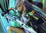  1girl blue_eyes breasts cleavage final_fantasy final_fantasy_xiii gloves highres holding holding_sword holding_weapon lightning_farron medium_breasts open_clothes open_shirt photoshop_(medium) pink_hair shirt solo sword weapon 