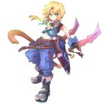  blonde_hair blue_eyes boots chamu_(lbdr) dissidia_final_fantasy final_fantasy final_fantasy_ix full_body hair_ribbon knife male_focus md5_mismatch ponytail ribbon simple_background solo tail zidane_tribal 